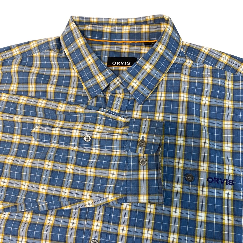 Orvis Mens XXL Blue Yellow‎ Plaid Cotton Blend Outdoor Work Button Up Shirt